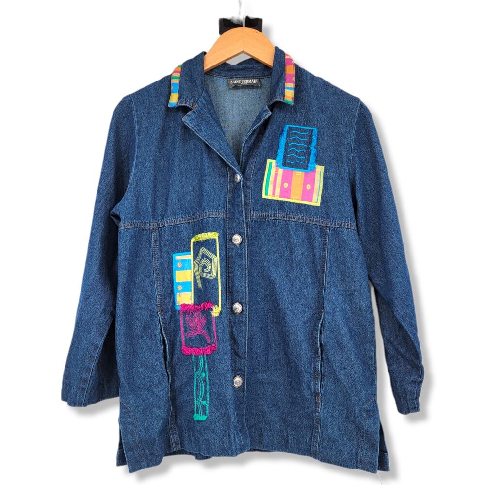 Vintage Saint Germain‎ Women's Denim Embroidered Patchwork Jacket Size Petite